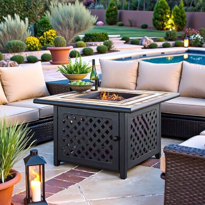 Brown Fire Pit Table with Tiled Top, Beads, and Covers – Propane Backyard Fireplace and Patio Furniture with Hidden Tank Storage