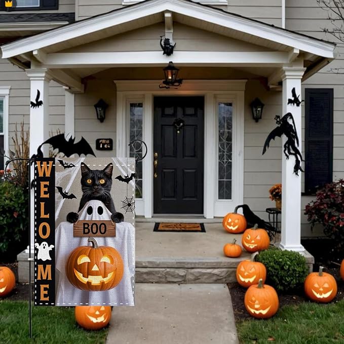 Fokongna Halloween Black Cat Welcome Flags, Interesting Halloween Decor Pumpkin Bat Cat Boo Garden Flag, 12x18 Inch Burlap Vertical Double Sided Flags, for Home Yard Outside Decorations