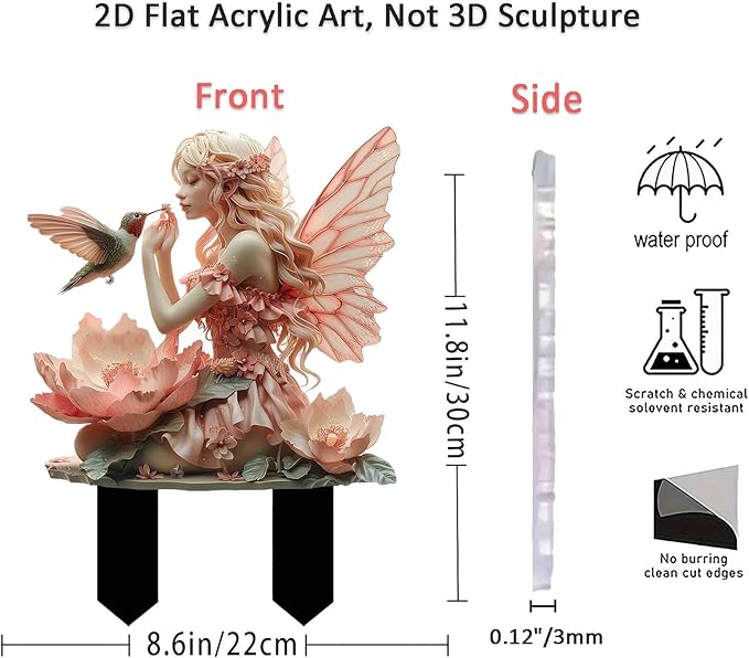 Fairy Garden Stake Decor, 2D Flat Acrylic Fairy Garden Decor Panel, Elf Yard Sign for Outdoor Indoor Yard Lawn Plants Pots, Fairy Yard Accessories (Fairy and Hummingbird)