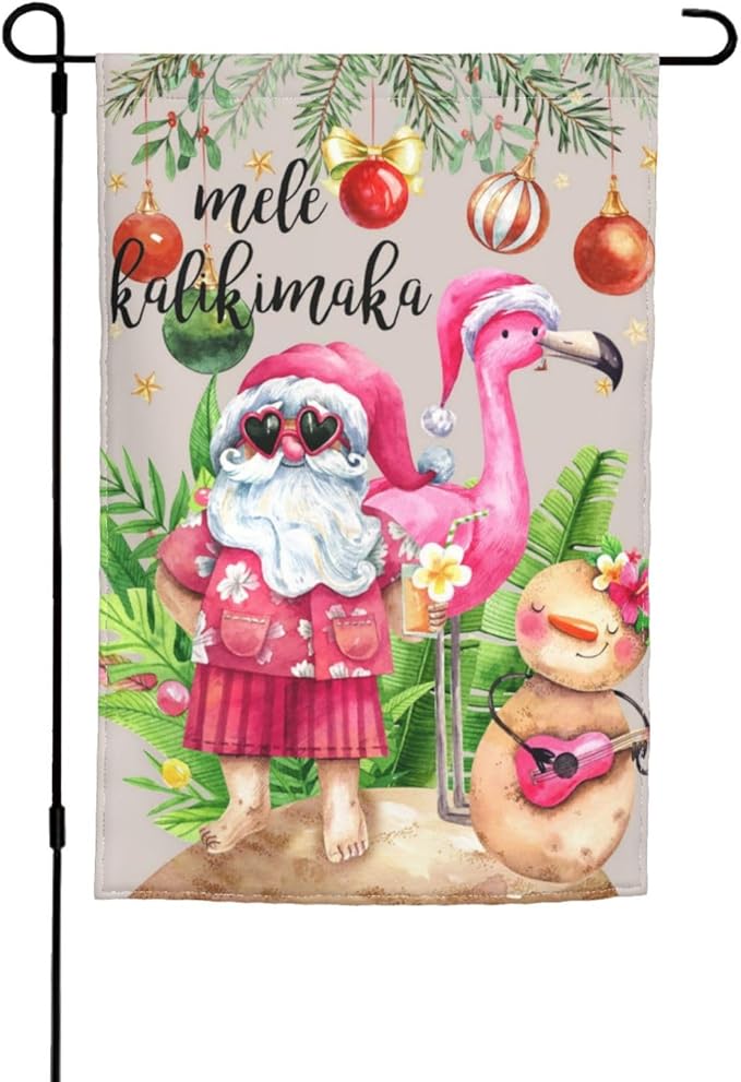 Santa Mele Kalikimaka Flamingo Christmas Hawaii Garden Flag Welcome Party Outdoor Outside Decorations Picks Home House Garden Yard Decor 12x18 Inch