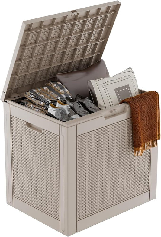 31 Gallon Outdoor Storage Box, Waterproof Resin Deck Box with Lockable Lid for Patio Furniture, Pool Accessories, Garden Tools (Brown)