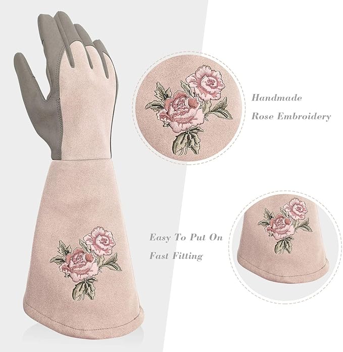 Rose Pruning Gloves Thorn Proof, Embroidery Leather Gardening Gloves with Extra Long Forearm Protection