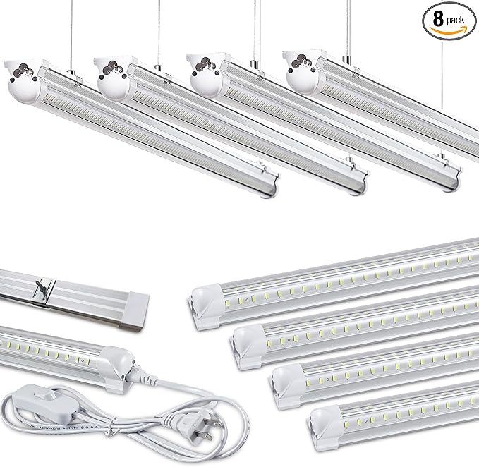 8Pack 8FT LED Shop Light Garage Light,100W 6000K White Light 15000LM Super Bright,Hanging/Surface Mount,Linkable T8 LED Tube Lights for Garage,Warehouse, Workshop,Plug and Play