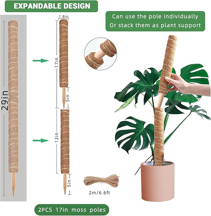 Moss Pole - 2 Pack: 17 Inch Coir Plant Support - Stackable - For Climbing Plants