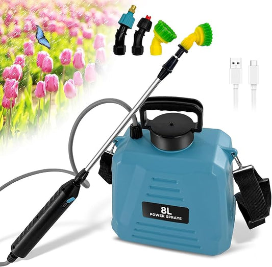 2 Gallon/8L Electric Sprayer, Powerful Electric Sprayer with 3 Mist Nozzles, Rechargeable Handle, Garden Sprayer w Adjustable Shoulder Strap for Lawn, Garden, Cleaning