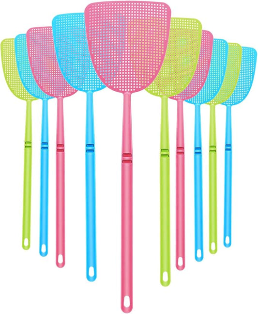 Boao 10 Pcs Fly Swatter Bulk Plastic Colorful Strong Flexible Manual Fly Swat Set Long Handle Durable Bug Swatter for Indoor and Outdoor