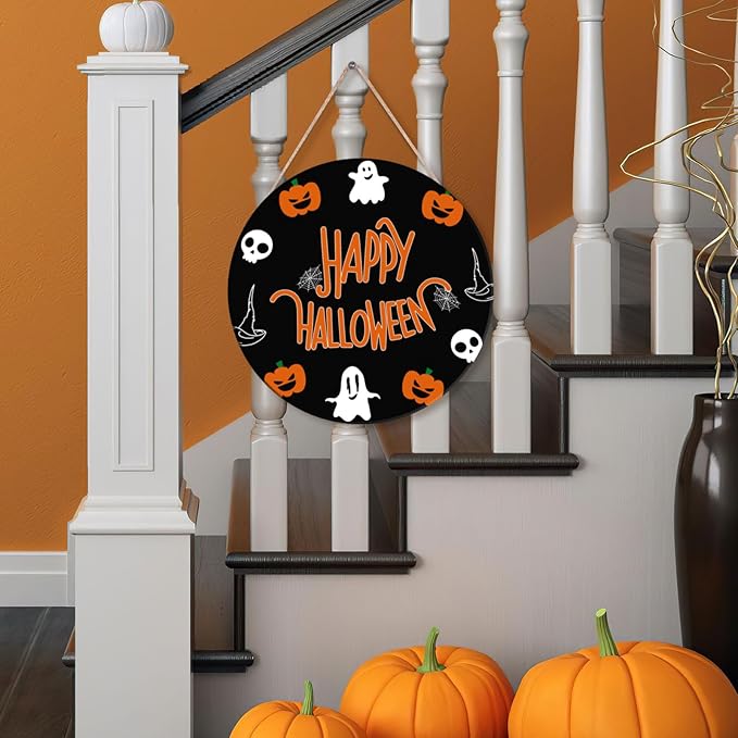 Halloween Decorations, Happy Halloween Wooden Ghost Hanging Sign for Front Door Hanger Wreath Decor, Wreath Cute Ghost Pumpkin Bat Front Door Decorations Hanging Sign, Indoor Outdoor Yard Wall Party