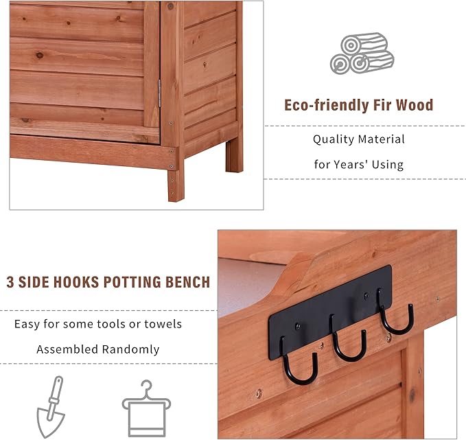 Merax Outdoor 39" Potting Bench Table, Rustic Garden Wood Workstation, Storage Cabinet with 2-Tier Shelves and Side Hook, Orange