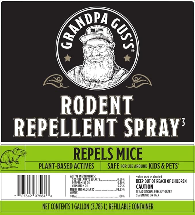 Grandpa Gus's Rodent Repellent Spray with Sprayer, Natural Peppermint & Cinnamon Oils Repel Mice and Stop Rats, 1 Gallon (Pack of 1)