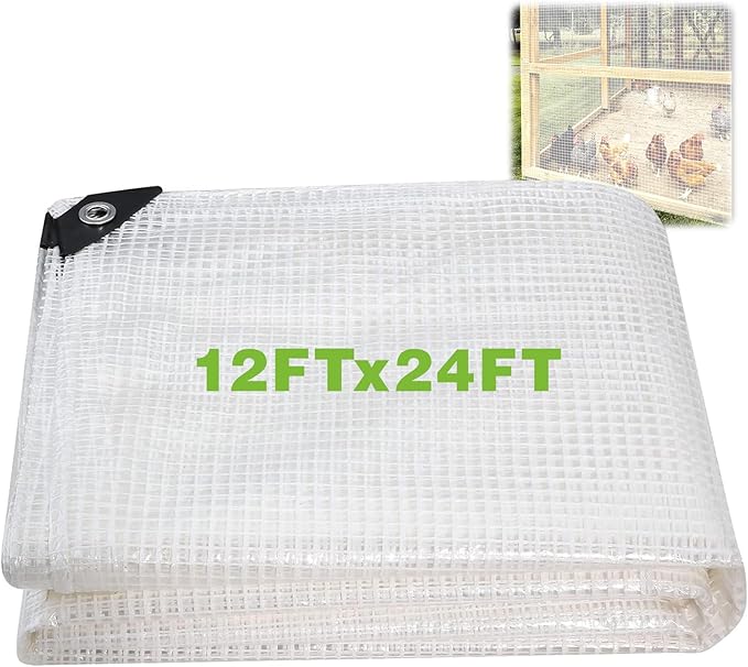 12Ftx24Ft Clear Greenhouse Plastic Covering, 16Mil Thickness Heavy Duty Clear tarp for Chicken coop, Greenhouse Plastic sheeting with Hemmed Edges & preinstalled Grommets.