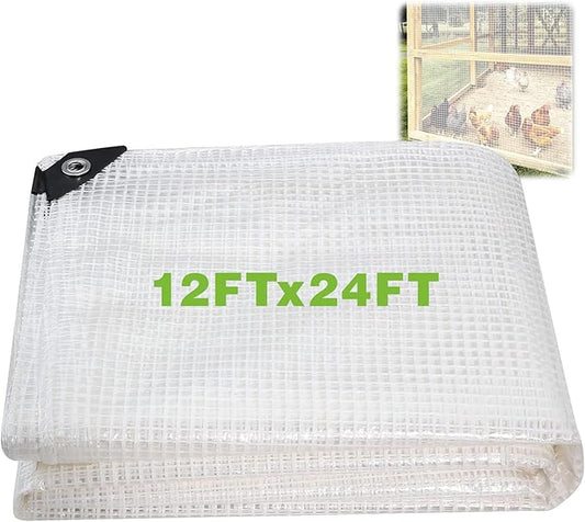 12Ftx24Ft Clear Greenhouse Plastic Covering, 16Mil Thickness Heavy Duty Clear tarp for Chicken coop, Greenhouse Plastic sheeting with Hemmed Edges & preinstalled Grommets.