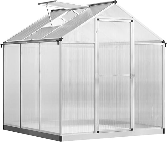 Outsunny 6' x 6' Greenhouse for Outdoors, Polycarbonate Greenhouse with Rain Gutter and Roof Vent, Aluminum Walk-in Green Houses for Outside Patio Backyard Garden