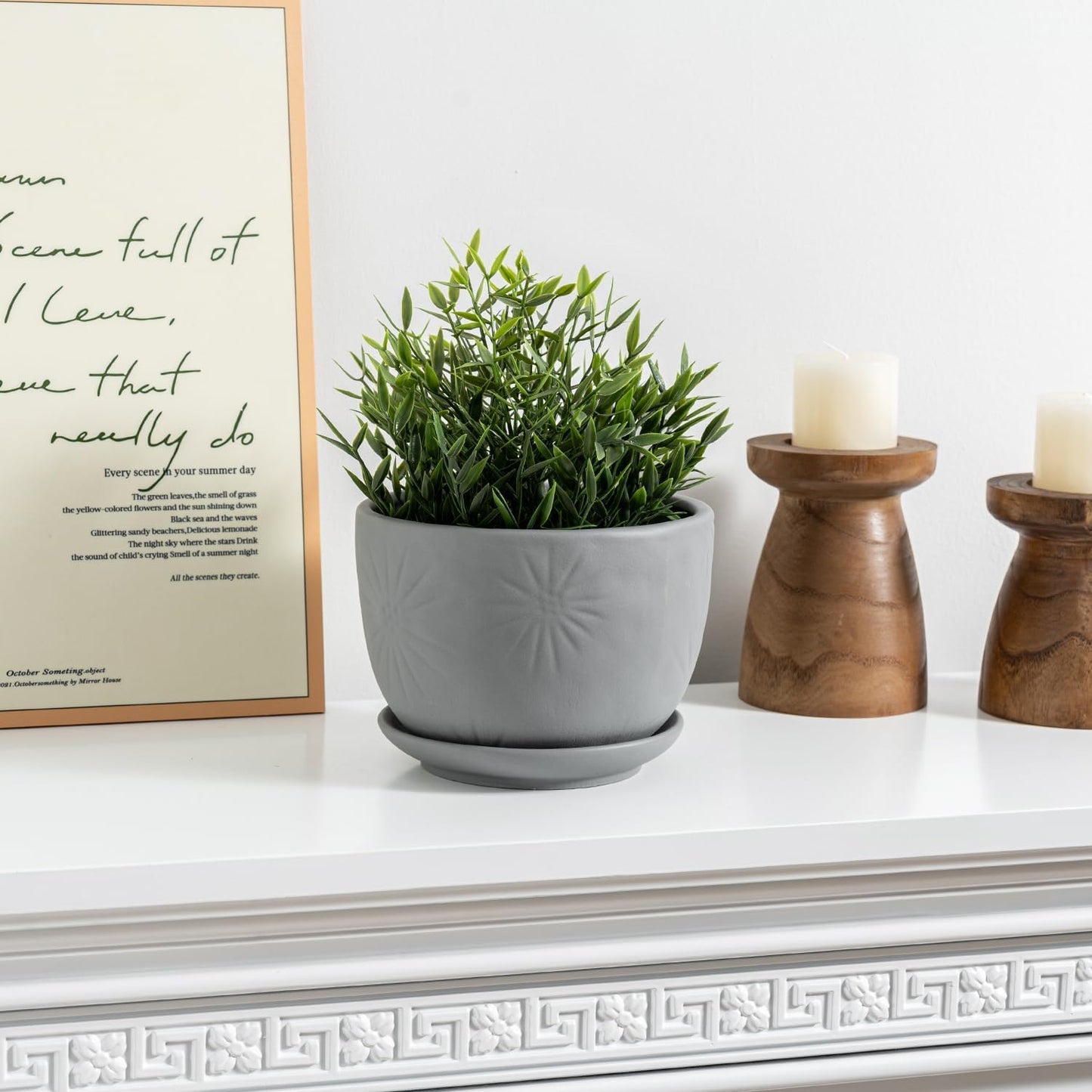 MyGift 7 Inch Grey Ceramic Plant Pot with Drainage Hole and Attached Saucer, Modern Decorative Embossed Sunburst Planter Container for Indoor Home Garden