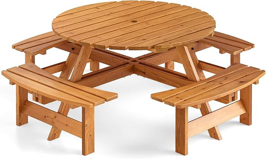 Tangkula 8-Person Wood Picnic Table, Outdoor Round Table and Bench Set with 4 Built-in Benches, Umbrella Hole, Perfect for Outside, Patio, Garden, Backyard, Porch