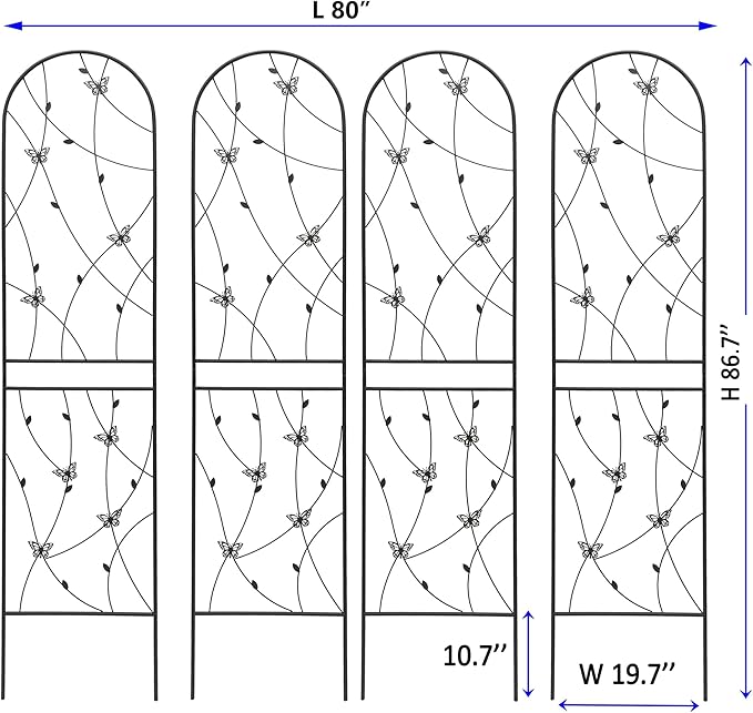4 Pack Metal Garden Trellis 86.7" Tall Outdoor Climbing Plant Support for Roses, Flowers, Rustproof Durable Black Galvanized Tube, Lawn Garden Fence Decor Screen (4, Black flutter-86.7" H)