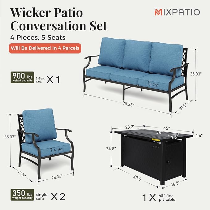 Patio Furniture Set, 4 Pcs Metal Outdoor Conversation Set, 2 Single Chairs and 3 Seater Sofa with 5.75" Extra Thick Cushion and Gas Fire Pit Table for Backyard Deck, Navy Blue