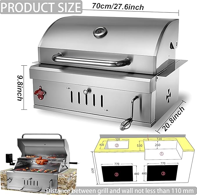 28 Inch Built In Charcoal Grills, Stainless Steel Charcoal bbq Grill Built In with Liftable Charcoal Tray, Rain Fabric cover, Insulated Hood and Temperature Gauge, for Outdoor Camping, Cooking