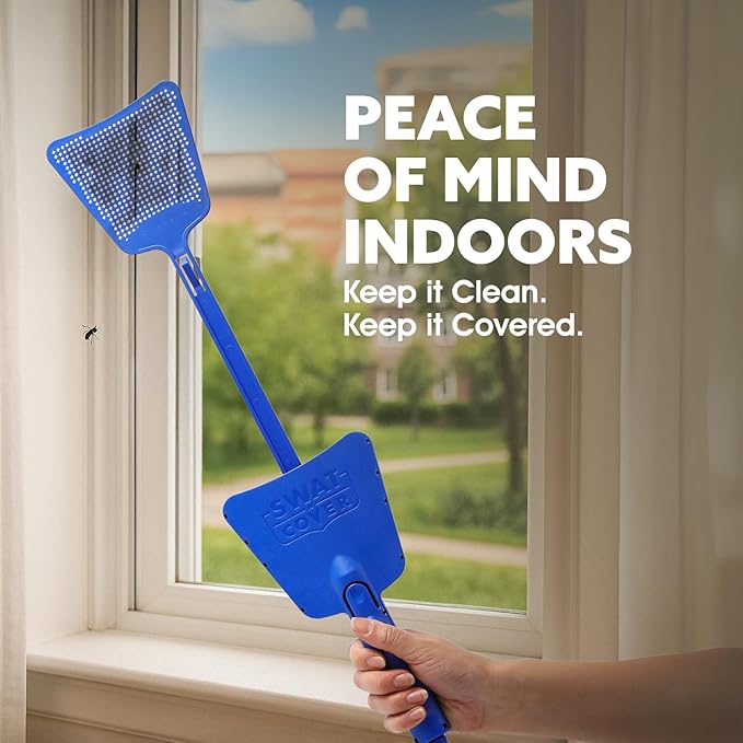 Improved Fly and Bug Swatter w/Integrated Cover, Flexible Bug Smasher for Flies and Bugs Swatting, Surface-Friendly Design, Adjustable Racket Handle - Fly Swatter for Indoors (Pack of 2)