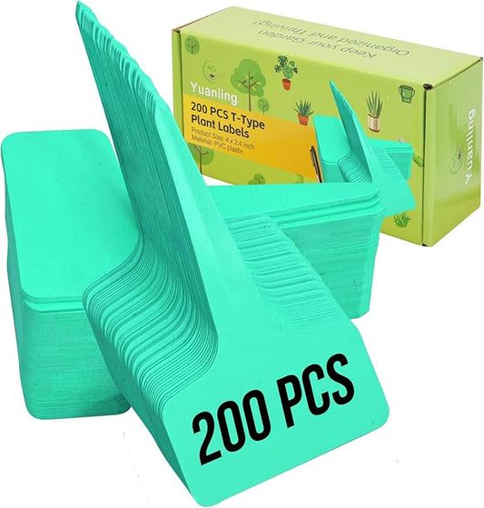 Plant Labels 200 Pcs Yuanling T-Type Plastic Garden Tags Waterproof Plant Sign Stakes Nursery Garden Makers for Seedlings Flower Vegetables Herb Potted Belt Permanet Marker Pen (Teal)
