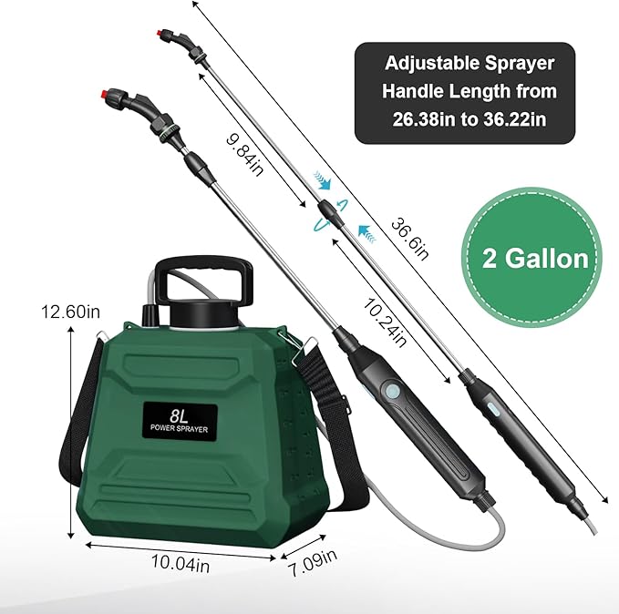 Battery Powered Sprayer 2 Gallon, 7.4V Powerful Electric Sprayer with 4 Nozzles, Rechargeable Handle with 36.22'' Retractable Wand, Adjustable Shoulder Strap, Weed Sprayers in Lawn Garden Yard (Green)