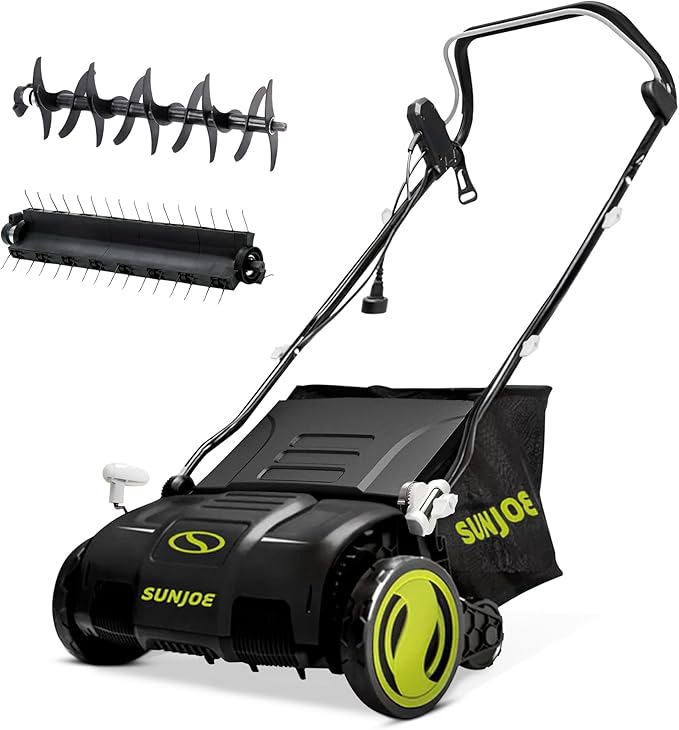 Sun Joe Electric Lawn Dethatcher & Scarifier with 13.2-Gal Bag, 13 Amp, 15 Inch, Black/Green - Heavy Duty Gardening Machine and Equipment for Lawn, Yard, and Grass, AJ805E