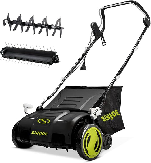 Sun Joe Electric Lawn Dethatcher & Scarifier with 13.2-Gal Bag, 13 Amp, 15 Inch, Black/Green - Heavy Duty Gardening Machine and Equipment for Lawn, Yard, and Grass, AJ805E