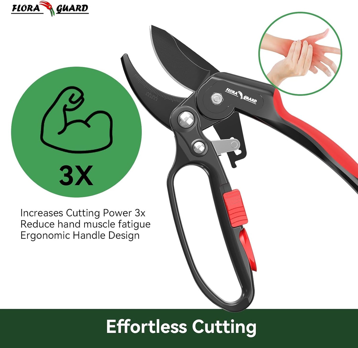 FLORA GUARD Ratchet Pruning Shears, Professional Garden Clippers, Increases Cutting Power 3x, Sharp Gardening Scissors, Cutting Rose, Flower, Hedge, Stem, Tree, Perfect for Weak Hands & Arthritis