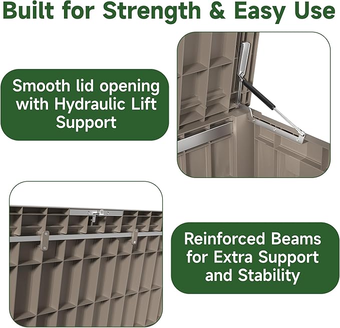 120 Gallon Outdoor Storage Box Waterproof, UV Resistant Resin Deck Box with Hydraulic Rod, Reinforced Stability for Patio, Garden, and Pool, Striped Gray