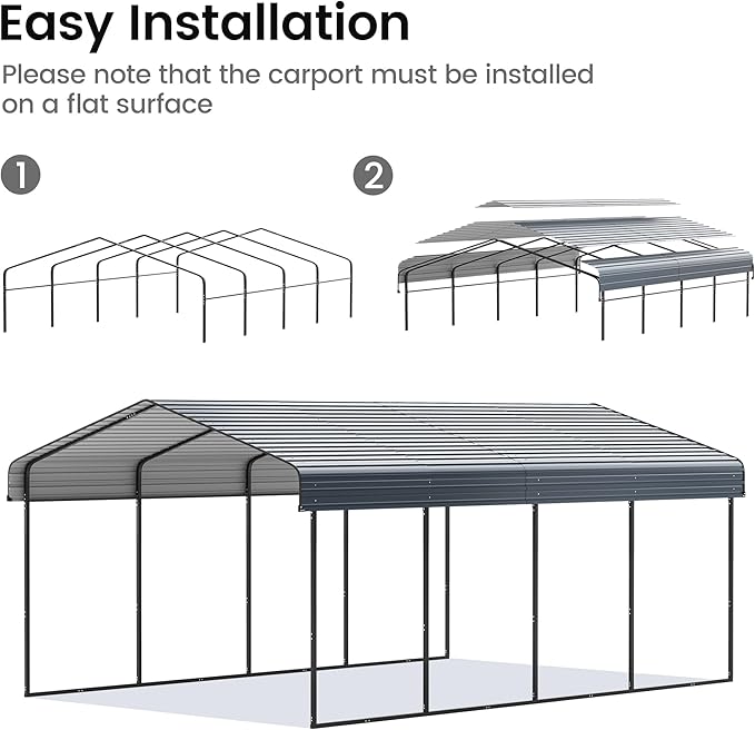 12'x20' Heavy Duty Metal Carport, Outdoor Garage Car Shelter Shade with Heavier Frame, Galvanized Roof for Car and Boats, Grey