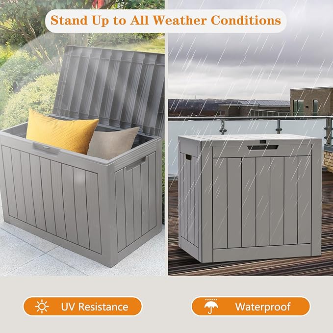 Modern-Depo 31 Gallon Waterproof Storage Deck Box Patio Furniture Organization Container with Lockable Lid, PP Outdoor Side Table for Garden, Yard, Poolside, Gray