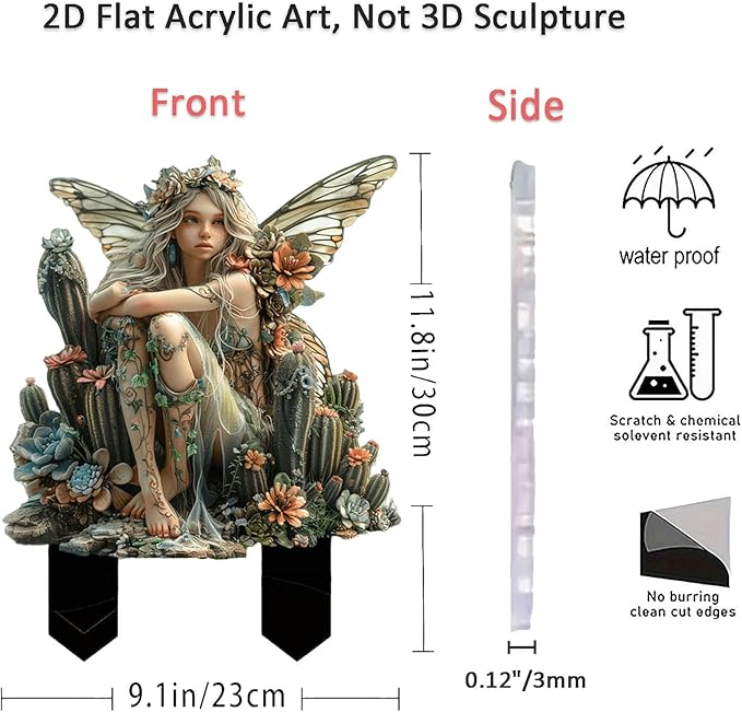 Fairy Garden Stake Decor, 2D Flat Acrylic Fairy Garden Decor Panel, Elf Yard Sign for Outdoor Indoor Yard Lawn Plants Pots, Fairy Garden Accessories (Cactus Fairy)