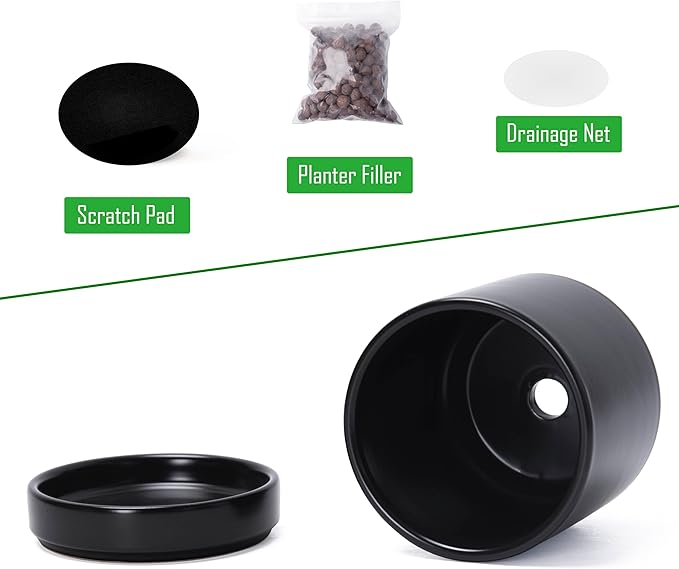 D'vine Dev Set of 4 Small Ceramic Plant Pots, 4.7 Inch Succulent Planter Pot for Plants with Drainage Hole and Saucer, Black, 94-X-B-2