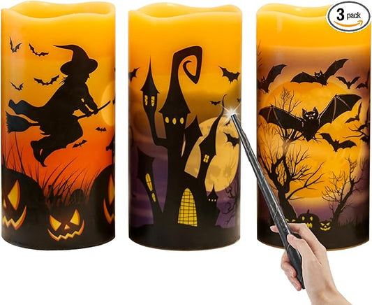 DRomance Halloween Flameless Candles with Magic Wand Remote and Timer, Battery Operated LED Flickering Pillar Candles Real Wax Castle Witch Bats Halloween Decoration Indoor(3 Pack, 3 x 6 Inches)