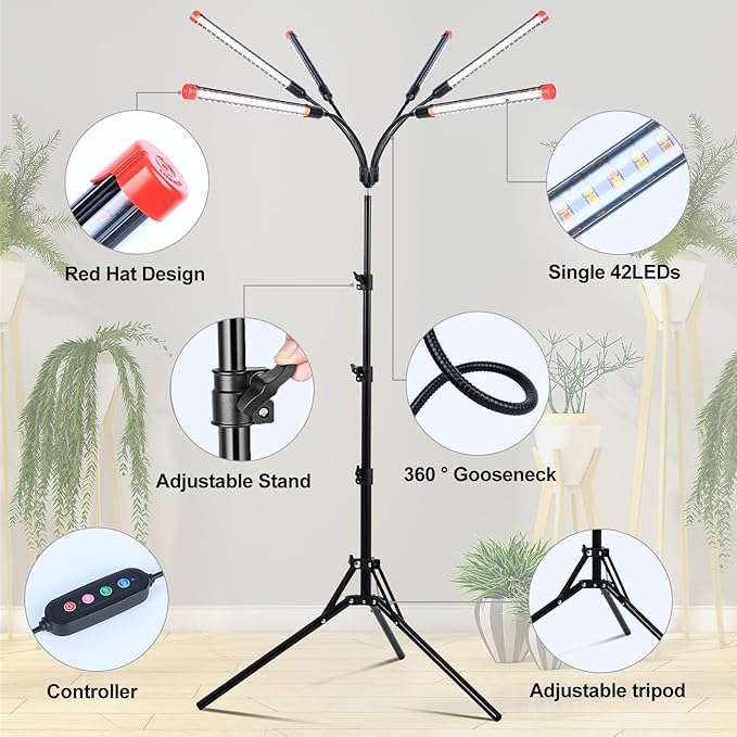 6Head Grow Lights for Indoor Plants, Seed Starting, Vegetables, Bonsai with Tripod Stand and Auto On/Off Timer 4/8/12H, 54W Power Full Spectrum Standing LED Plant Growing Lamps, 360° Gooseneck