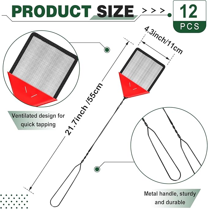 12 Pcs 21.7 x 4.3 Wire Mesh Fly Swatter with Metal Handle, Heavy-Duty Bug & Fly Swatter for Indoor Outdoor