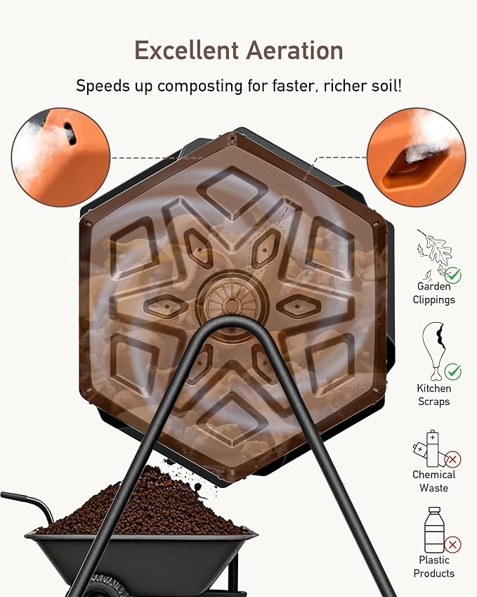 THEGROW'ING Updated 43 Gallon Compost Bin Outdoor, Fast Assemble Tumbling Composter, Dual Chamber Composter Tumbler, Rotating Compost Bin for Outside, Backyard, Garden and Yard, Orange