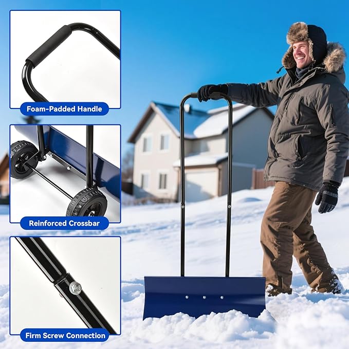 Heavy-Duty Snow Pusher Shovel,Snow Plow with Wheels,Angled Blade&Ergonomic Handle,Back-Saving Design for Efficient clearing for Drives & Paths(Blue)