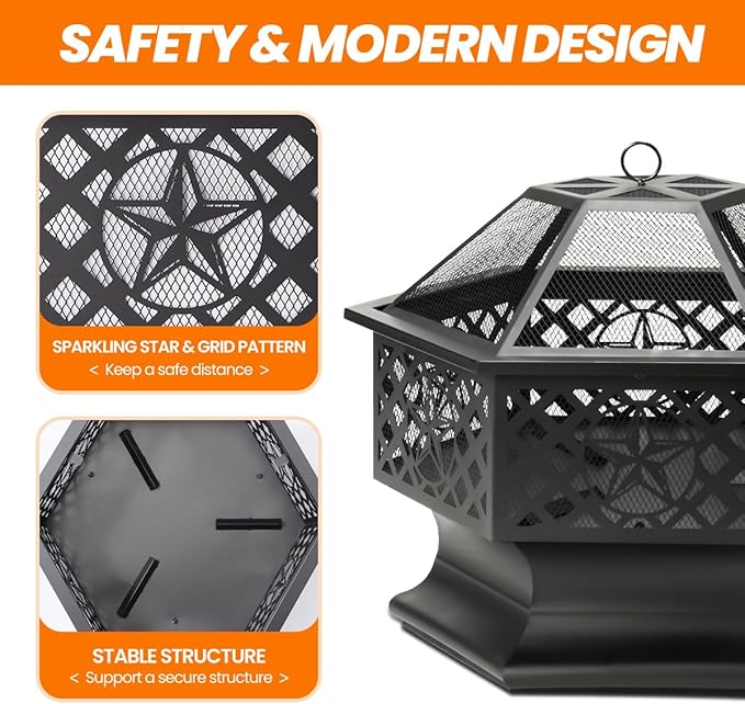 28 Inch Hexagonal Fire Pit,Wood Burning Firepits for Outside with Spark Screen&Poker,Metal Hex-Shaped Outdoor Fire Pit for Outside,Backyard,Bonfire,Patio,Garden,Picnic and Camping（Black）