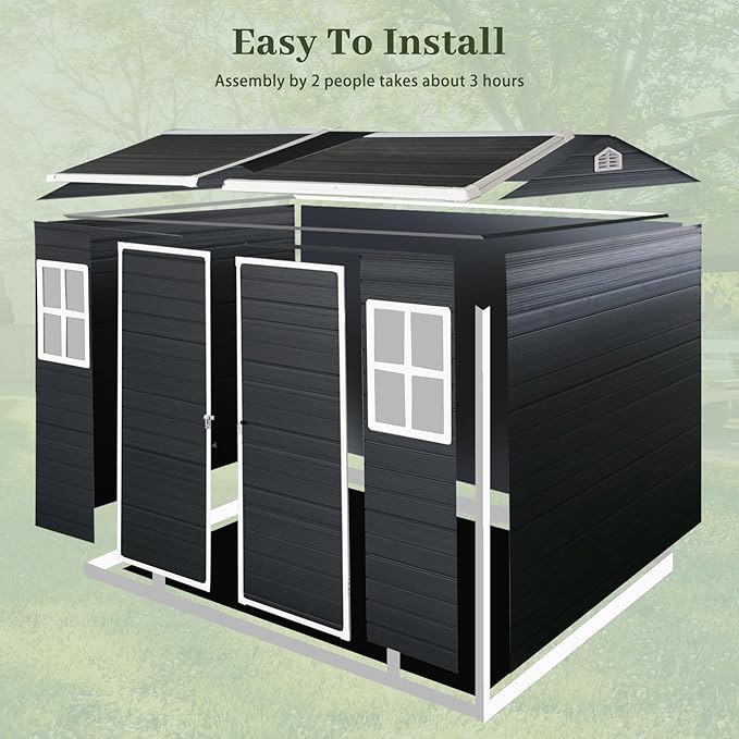 8x4 FT Resin Storage Sheds Outdoor with Floor Included, Plastic Sheds & Outdoor Storage Clearance with 2 Windows and Lockable Door, Backyard Storage Sheds for Garden Tools, Bike