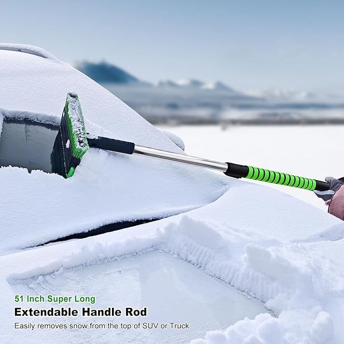 SEAAES 51 Inch Heavy Duty Snow Brush for Trucks, Stable Design Long Handle Extendable Snow Broom for SUV, Windshield Ice Scraper with Foam Grip for Car Automobile Vehicle Window - Green