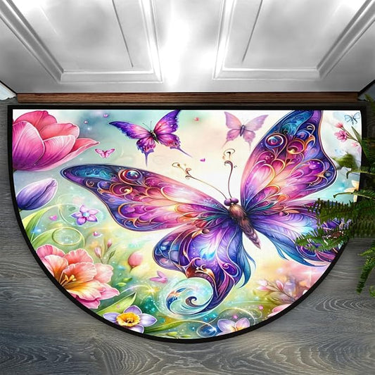 cfpolar Non-Slip Soft Half Round Door Mat, Butterfly Flower Semicircle Mat for Indoor Entrance Garage Bath Living Room Patio 24 x 36 in