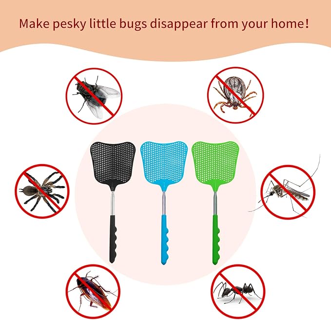 Fly Swatters 3 Pack, Durable Telescopic Stainless Steel Handle, Heavy Duty Bug Zapper Racket, Upgraded Plastic Fly Swatter Set for Indoor Outdoor Home Hiking Camping Garden, Blue Black Green