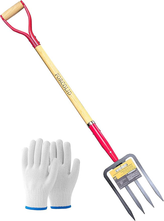Garden Fork, 4-Tine Spading Digging Fork, Pitch Fork-45Inch, Forged Steel Y-Grip, Wood Handel-Red