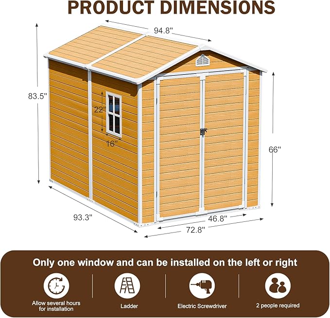 8x6 FT Resin Storage Shed, Waterproof Outdoor Shed w/Floor Included, 2 Windows, Double Lockable Doors & Vents,Outside Plastic Tool Sheds for Garden, Lawn, Backyard, Wood-Grain Brown
