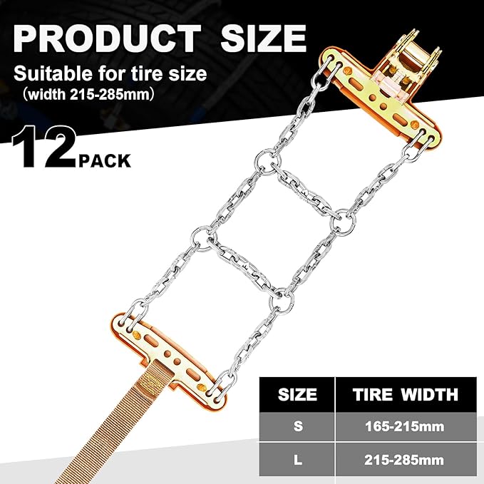 12 Pack Adjustable Snow Tire Chains for Tire Width 215-285 mm SUV Truck Pickup, Quick Fit Easy Installation, Thickened Car Non Skid Car Chains (Double Chain Style)