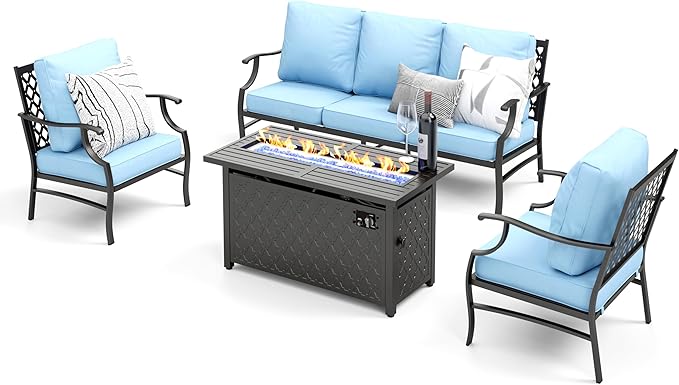 Patio Furniture Set with Firepit Table, 4 Pcs Metal Outdoor Conversation Set, 2 Single Chairs and 3 Seater Sofa with 5.75" Extra Thick Cushion and Gas Fire Pit Table for Backyard Deck, Blue