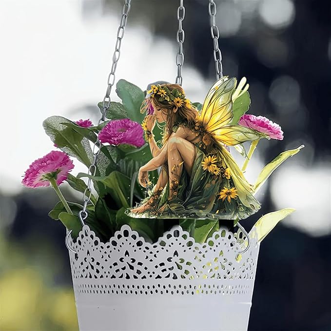 Fairy Garden Stake Decor, 2D Flat Acrylic Fairy Garden Decor Panel, Elf Yard Sign for Outdoor Indoor Yard Lawn Plants Pots, Fairy Yard Accessories (Green Fairy)