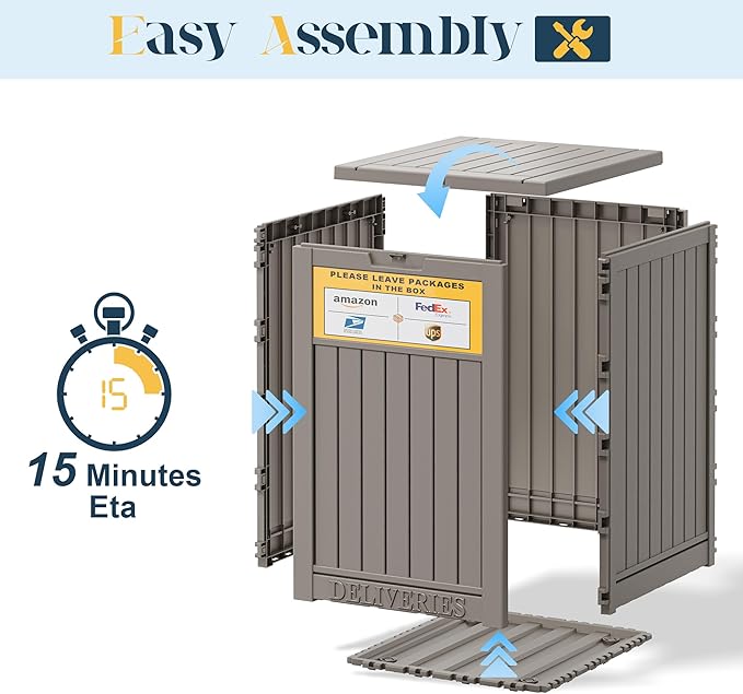 49 Gallon Package Delivery Boxes for Outside, Outside Storage Box Waterproof with Sign, Lockable Storage Box, Large Double-Walled Resin Weatherproof Deck Box for Porch and Patio, Grey