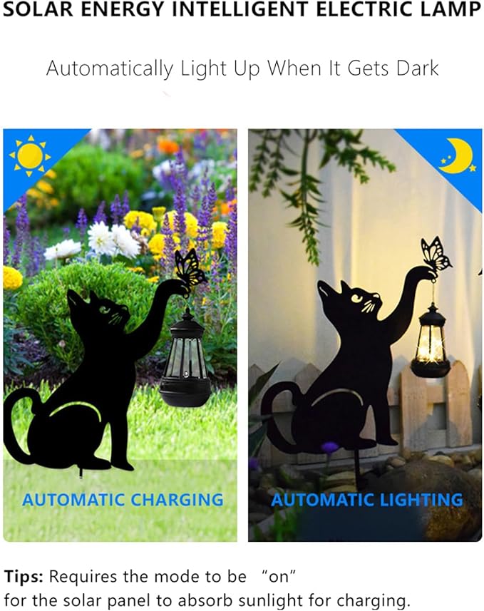 Solar-Powered Black 2-Pack Cats Garden Decor Stakes - Metal Silhouette Figurine for Outdoor Yard, Lawn, and Patio Decoration