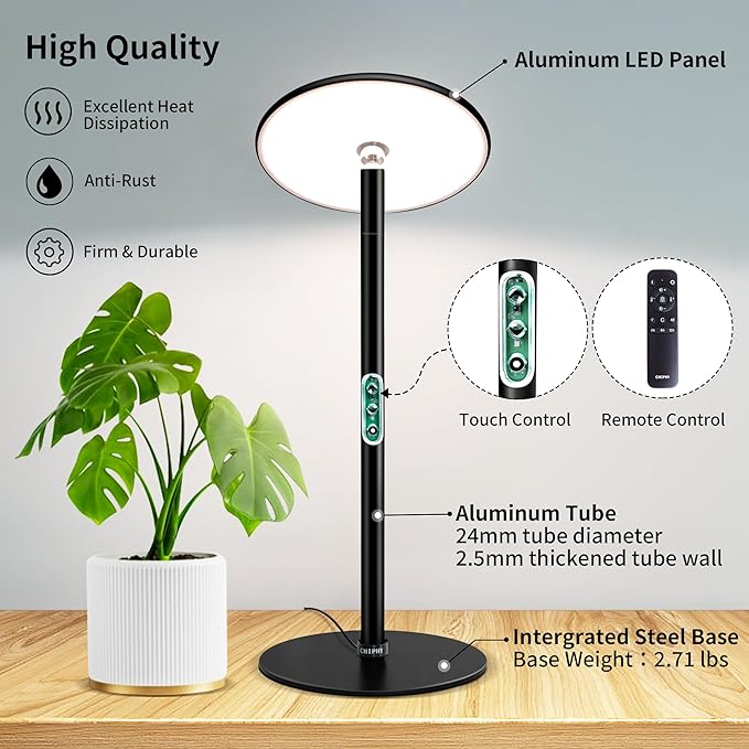 chiphy Desk Grow Lights for Indoor Plants, Full Spectrum LED Plant Light, 40W Aluminum Tabletop Grow Lamp, Automatic Timer 4H/8H/12H, 16''-30'' Height Adjustable, Remote for Large Small Plants